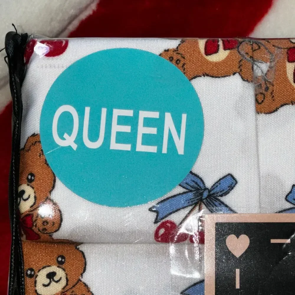Betsey Johnson White Teddy Bear & Red Cherry Queen Sheet Set
